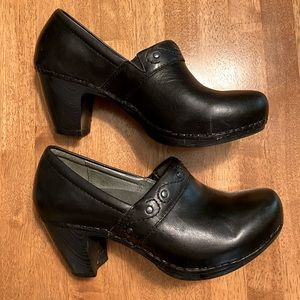 Black Leather Dansko Slip on Clog Heels